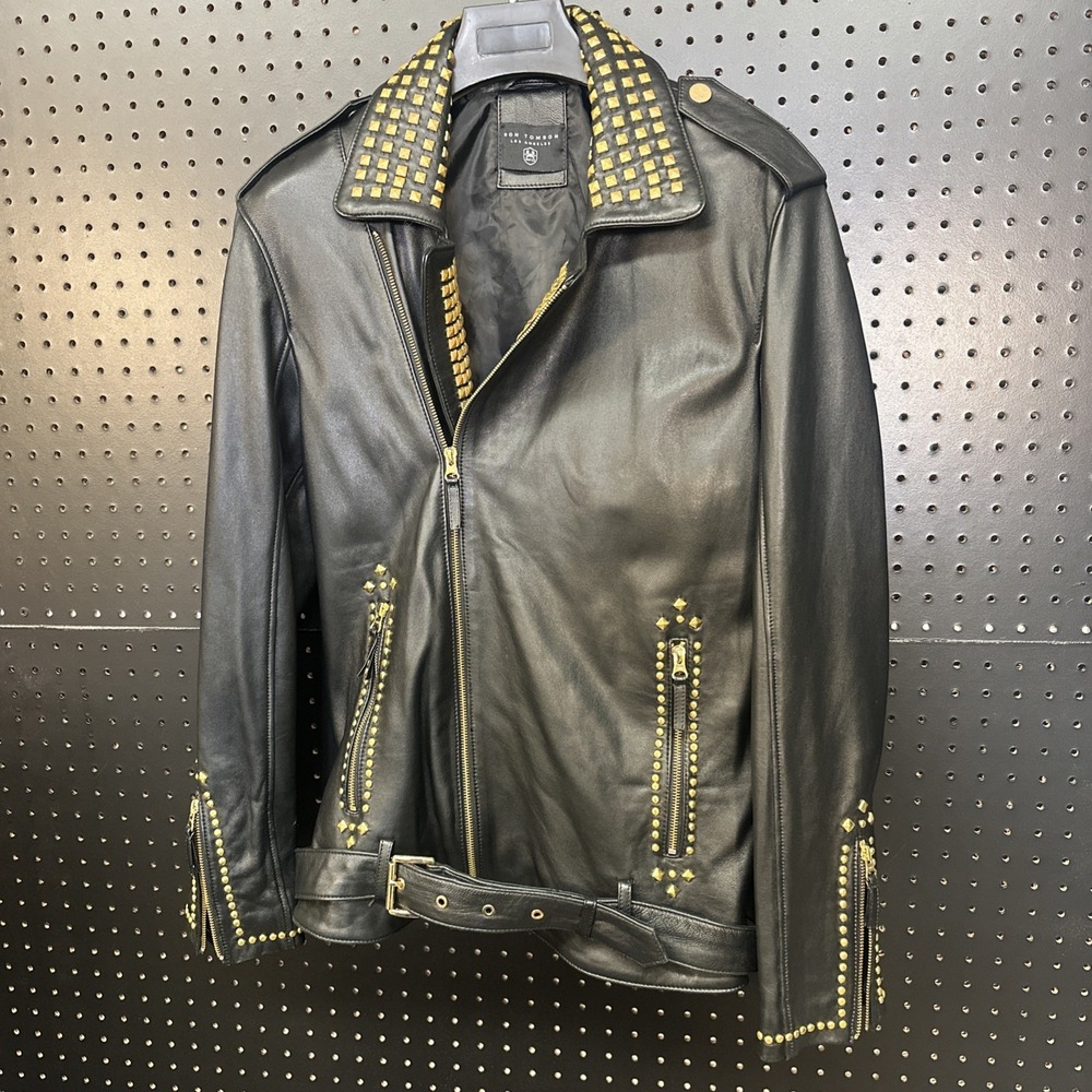 Ron Tomson Studded Lambskin Leather Jacket Black Gold‎ Sz US 38 MED